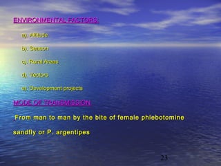 ENVIRONMENTAL FACTORS:

  a). Altitude

  b). Season

  c). Rural Areas

  d). Vectors

  e). Development projects

MODE OF TRANSMISSION:

From man to man by the bite of female phlebotomine

sandfly or P. argentipes



                                          23
 
