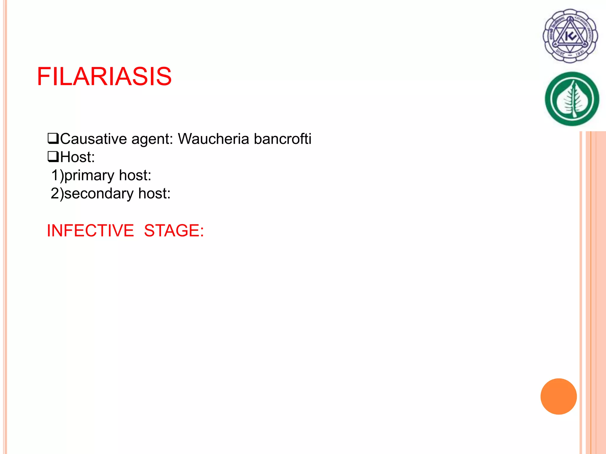 FILARIASIS
Causative agent: Waucheria bancrofti
Host:
1)primary host:
2)secondary host:
INFECTIVE STAGE:
