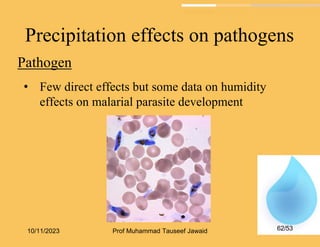 Precipitation effects on pathogens
Pathogen
• Few direct effects but some data on humidity
effects on malarial parasite development
10/11/2023 62/53
Prof Muhammad Tauseef Jawaid
 