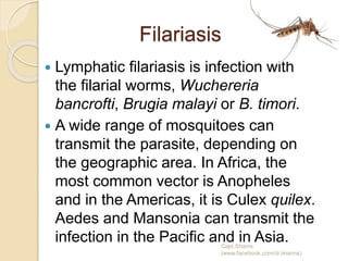 Filariasis
 Lymphatic filariasis is infection with
the filarial worms, Wuchereria
bancrofti, Brugia malayi or B. timori.
 A wide range of mosquitoes can
transmit the parasite, depending on
the geographic area. In Africa, the
most common vector is Anopheles
and in the Americas, it is Culex quilex.
Aedes and Mansonia can transmit the
infection in the Pacific and in Asia.Capt.Shams
(www.facebook.com/dr.imanns)
 