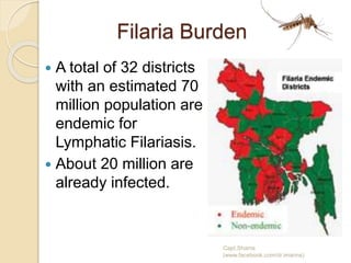 Filaria Burden
 A total of 32 districts
with an estimated 70
million population are
endemic for
Lymphatic Filariasis.
 About 20 million are
already infected.
Capt.Shams
(www.facebook.com/dr.imanns)
 