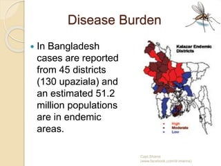 Disease Burden
 In Bangladesh
cases are reported
from 45 districts
(130 upaziala) and
an estimated 51.2
million populations
are in endemic
areas.
Capt.Shams
(www.facebook.com/dr.imanns)
 