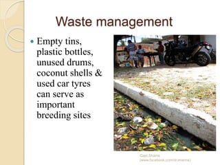 Waste management
 Empty tins,
plastic bottles,
unused drums,
coconut shells &
used car tyres
can serve as
important
breeding sites
Capt.Shams
(www.facebook.com/dr.imanns)
 