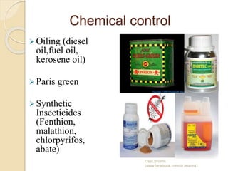 Chemical control
Oiling (diesel
oil,fuel oil,
kerosene oil)
Paris green
Synthetic
Insecticides
(Fenthion,
malathion,
chlorpyrifos,
abate)
Capt.Shams
(www.facebook.com/dr.imanns)
 