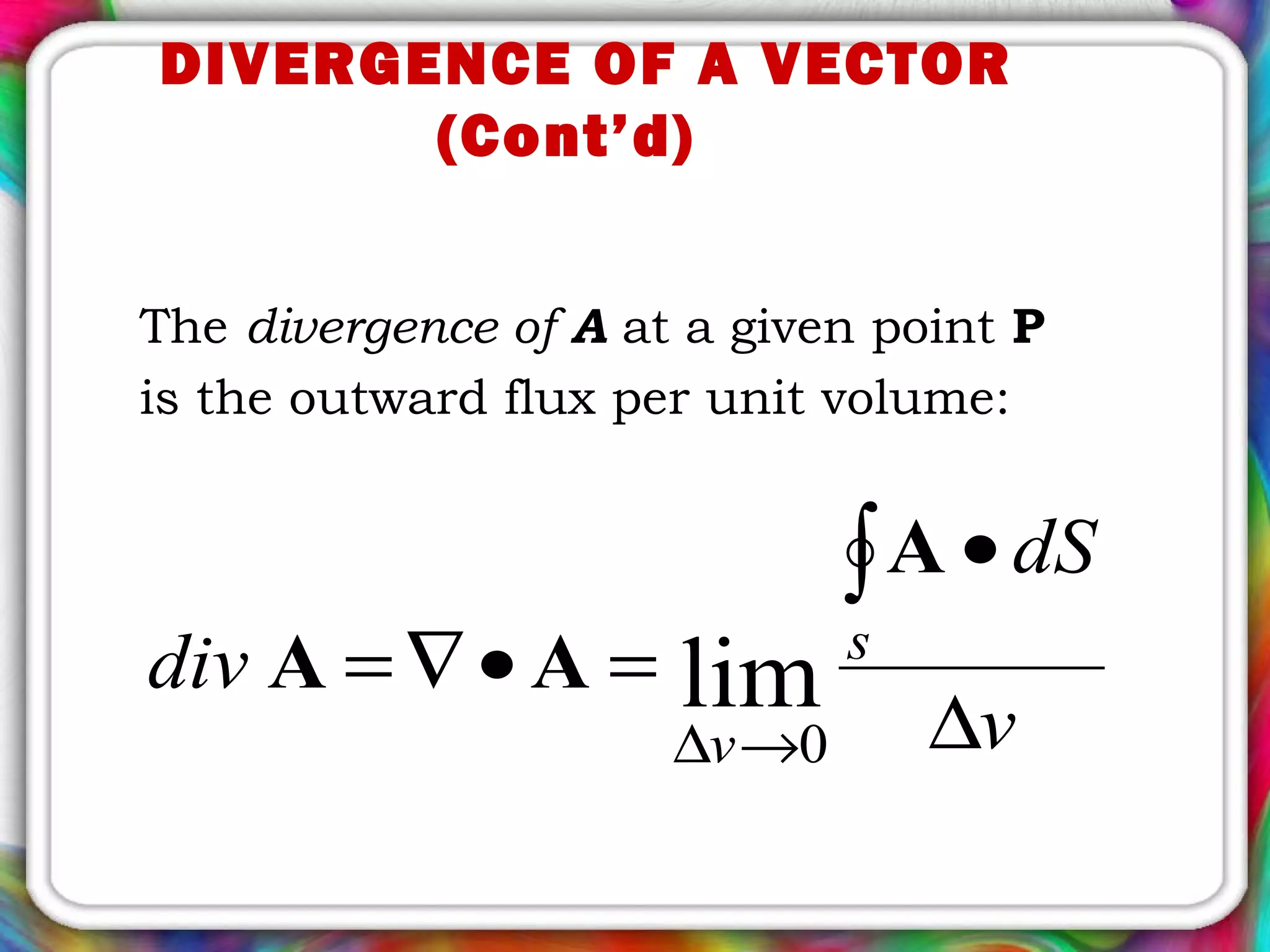 DIVERGENCE OF A VECTOR
(Cont’d)
The divergence of A at a given point P
is the outward flux per unit volume:
v
dS
div s
v ∆
•
=•∇=
∫
→∆
A
AA lim
0
 