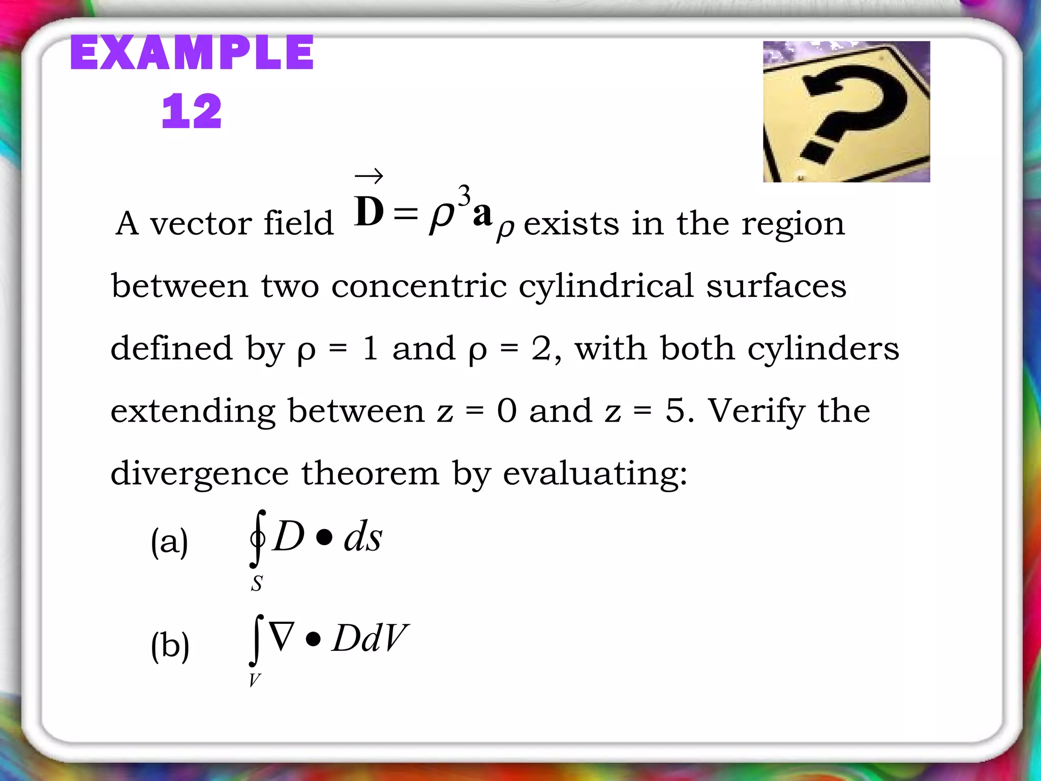 EXAMPLE
12
A vector field exists in the region
between two concentric cylindrical surfaces
defined by ρ = 1 and ρ = 2, with both cylinders
extending between z = 0 and z = 5. Verify the
divergence theorem by evaluating:
ρρ aD 3
=
→
∫ •
S
dsD
∫ •∇
V
DdV
(a)
(b)
 