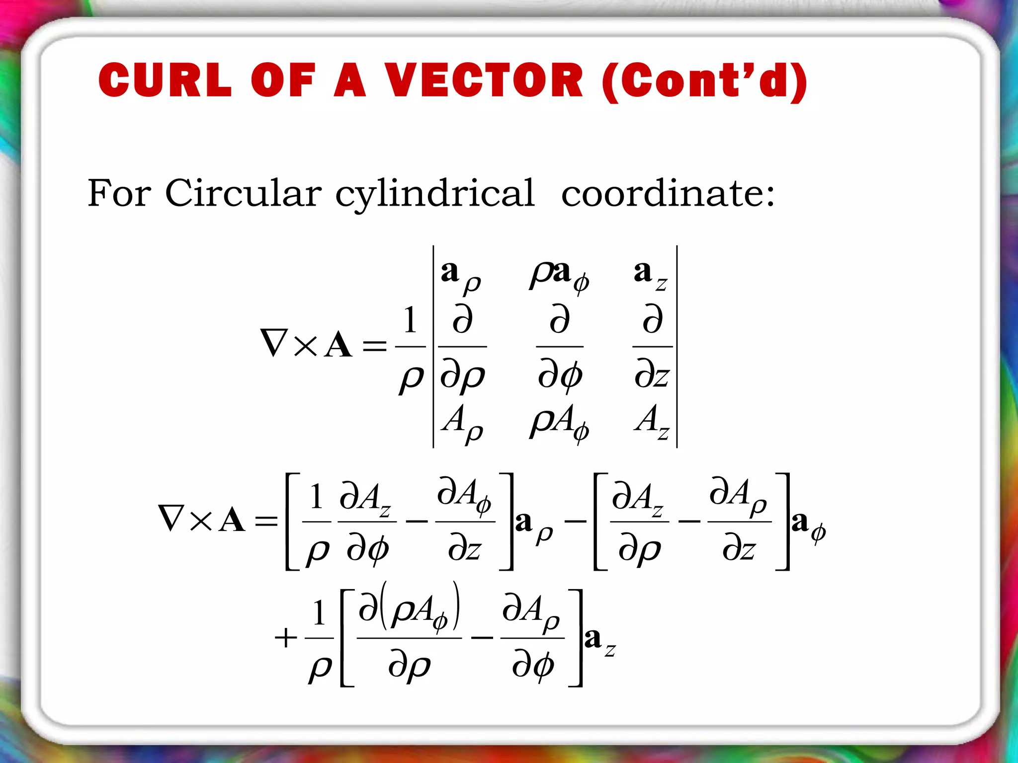 z
z
AAA
z
φρ
φρ
ρ
φρ
ρ
ρ ∂
∂
∂
∂
∂
∂
=×∇
aaa
A
1
( )
z
zz
AA
z
AA
z
AA
a
aaA






∂
∂
−
∂
∂
+






∂
∂
−
∂
∂
−





∂
∂
−
∂
∂
=×∇
φρ
ρ
ρ
ρφρ
ρφ
φ
ρ
ρ
φ
1
1
For Circular cylindrical coordinate:
CURL OF A VECTOR (Cont’d)
 