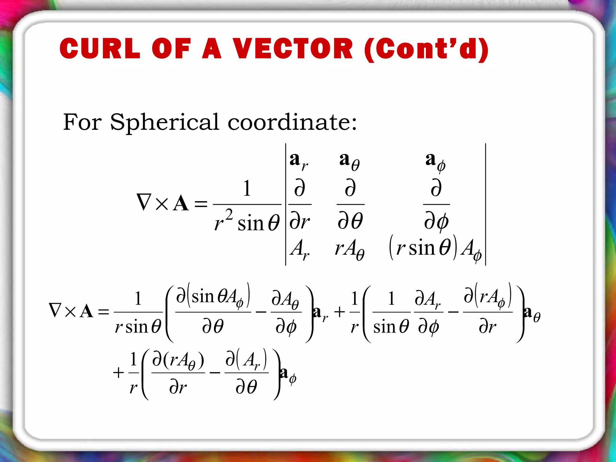 CURL OF A VECTOR (Cont’d)
For Spherical coordinate:
( ) φθ
φθ
θ
φθθ
ArrAA
rr
r
r
sin
sin
1
2
∂
∂
∂
∂
∂
∂
=×∇
aaa
A
( ) ( )
( )
φ
θ
θ
φθφ
θ
φθφθ
θ
θ
a
aaA






∂
∂
−
∂
∂
+






∂
∂
−
∂
∂
+





∂
∂
−
∂
∂
=×∇
r
r
r
A
r
rA
r
r
rAA
r
AA
r
)(1
sin
11sin
sin
1
 