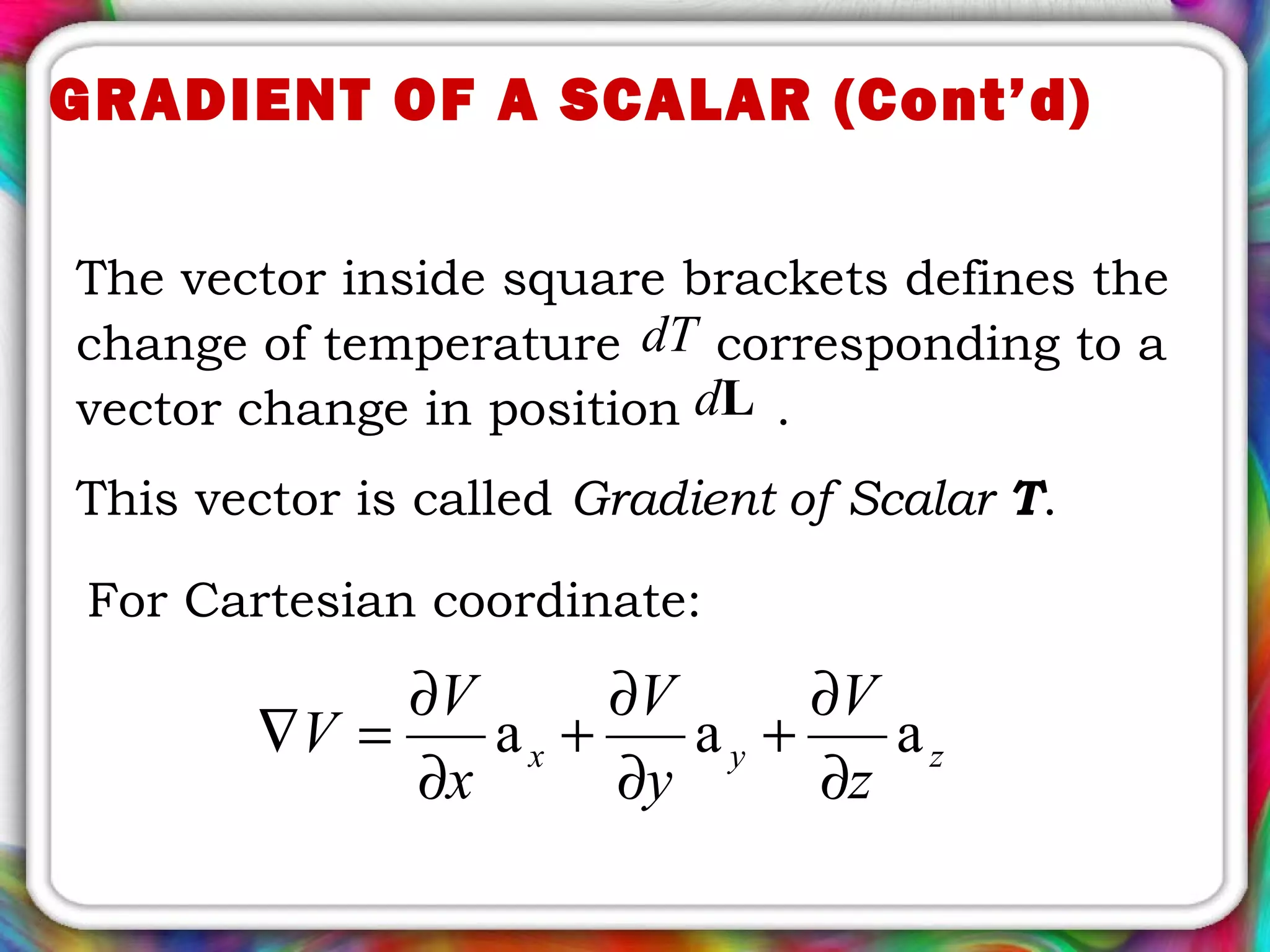 The vector inside square brackets defines the
change of temperature corresponding to a
vector change in position .
This vector is called Gradient of Scalar T.
Ld
dT
GRADIENT OF A SCALAR (Cont’d)
For Cartesian coordinate:
zyx
z
V
y
V
x
V
V aaa
∂
∂
+
∂
∂
+
∂
∂
=∇
 