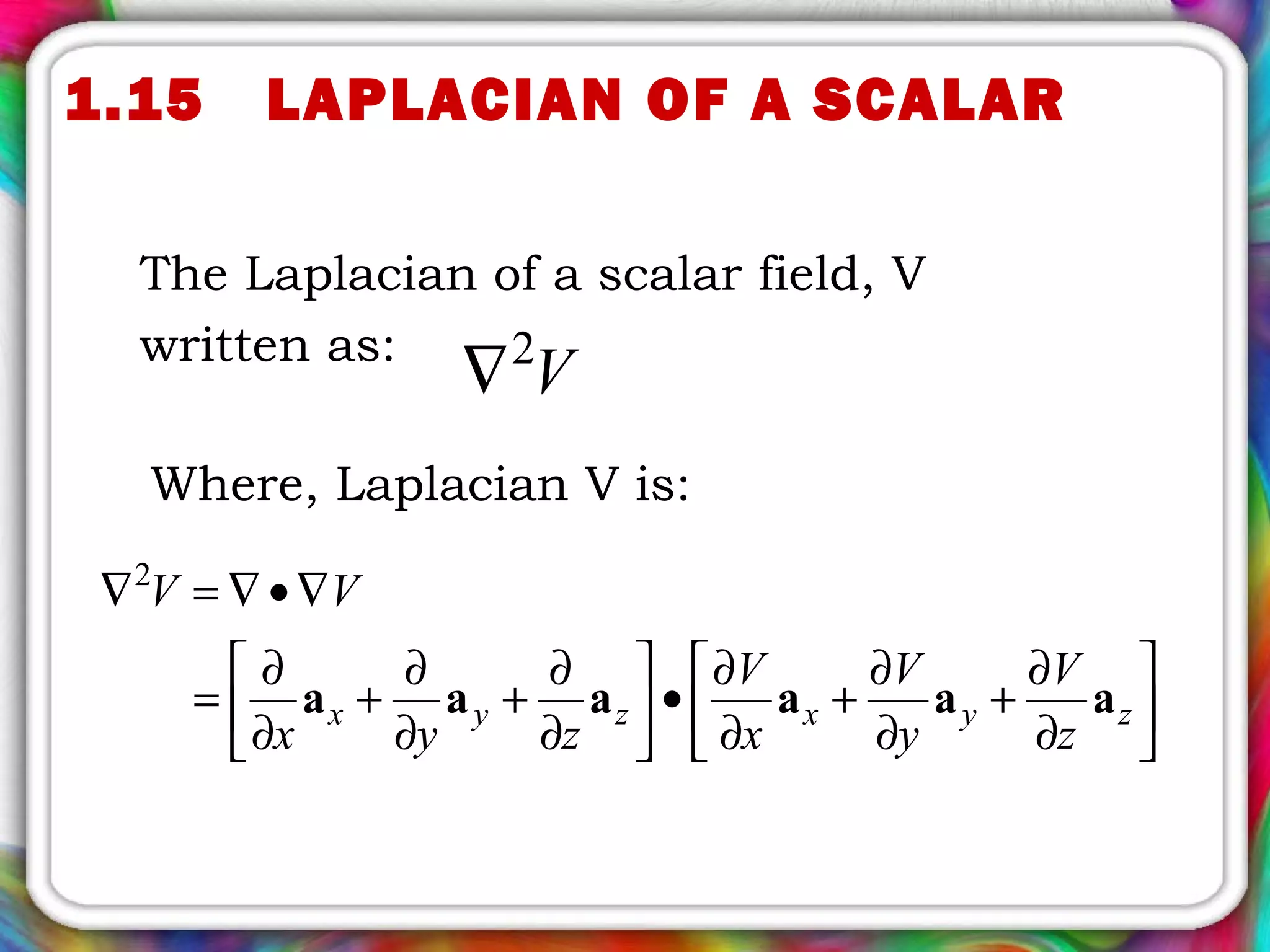 1.15 LAPLACIAN OF A SCALAR
The Laplacian of a scalar field, V
written as:
V2
∇
Where, Laplacian V is:






∂
∂
+
∂
∂
+
∂
∂
•





∂
∂
+
∂
∂
+
∂
∂
=
∇•∇=∇
zyxzyx
z
V
y
V
x
V
zyx
VV
aaaaaa
2
 