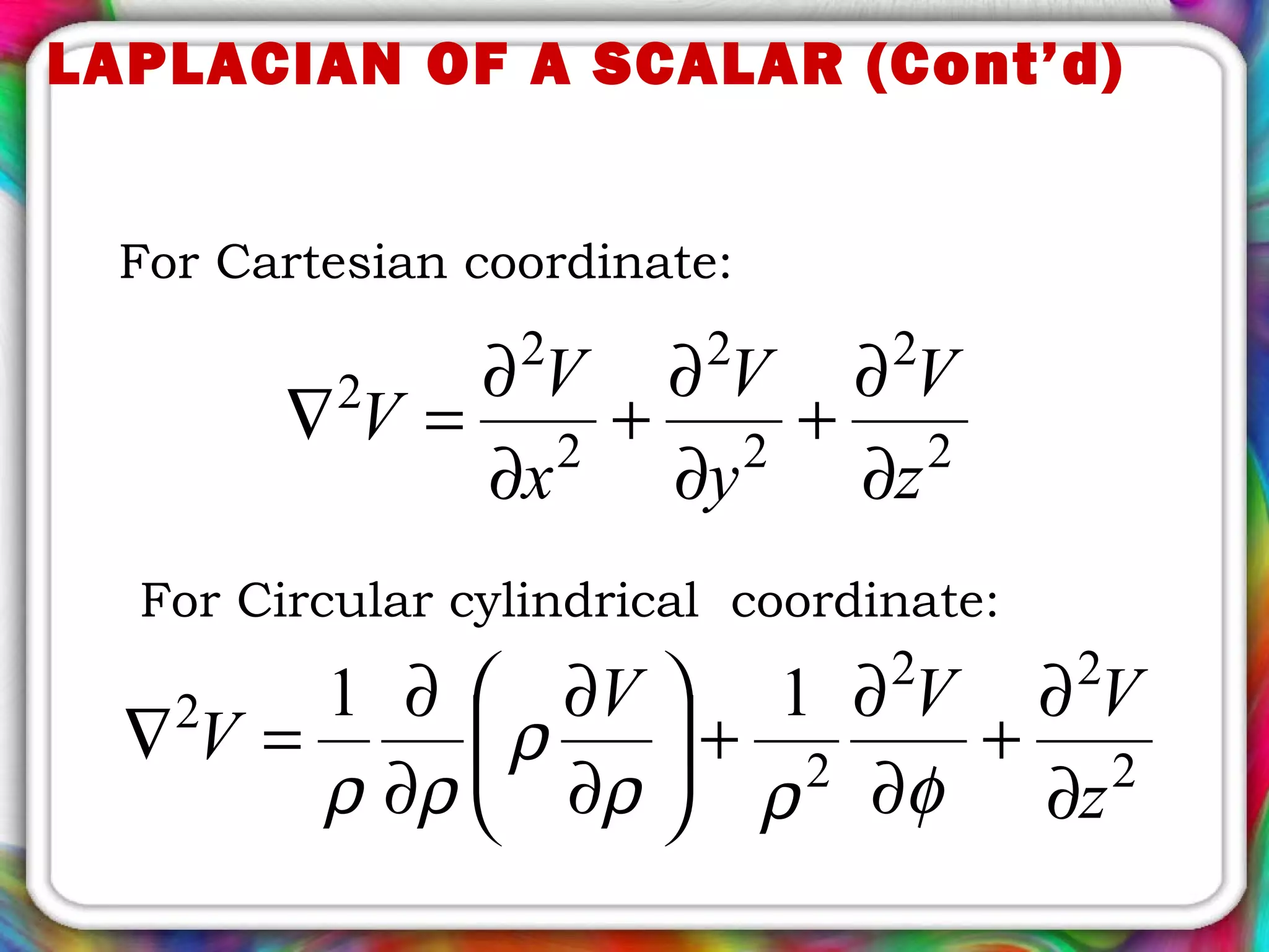 For Cartesian coordinate:
2
2
2
2
2
2
2
z
V
y
V
x
V
V
∂
∂
+
∂
∂
+
∂
∂
=∇
For Circular cylindrical coordinate:
2
22
2
2 11
z
VVV
V
∂
∂
+
∂
∂
+





∂
∂
∂
∂
=∇
φρρ
ρ
ρρ
LAPLACIAN OF A SCALAR (Cont’d)
 