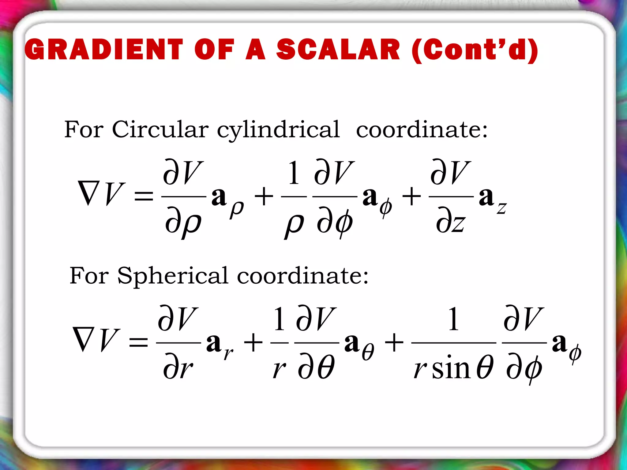 GRADIENT OF A SCALAR (Cont’d)
For Circular cylindrical coordinate:
z
z
VVV
V aaa
∂
∂
+
∂
∂
+
∂
∂
=∇ φρ
φρρ
1
For Spherical coordinate:
φθ
φθθ
aaa
∂
∂
+
∂
∂
+
∂
∂
=∇
V
r
V
rr
V
V r
sin
11
 