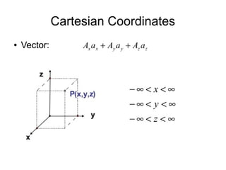 Cartesian Coordinates
● Vector:
 