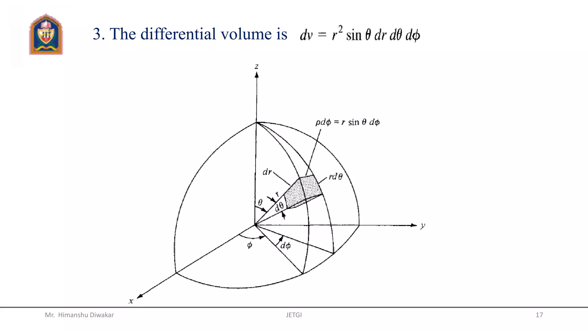 3. The differential volume is
Mr. Himanshu Diwakar JETGI 17
 