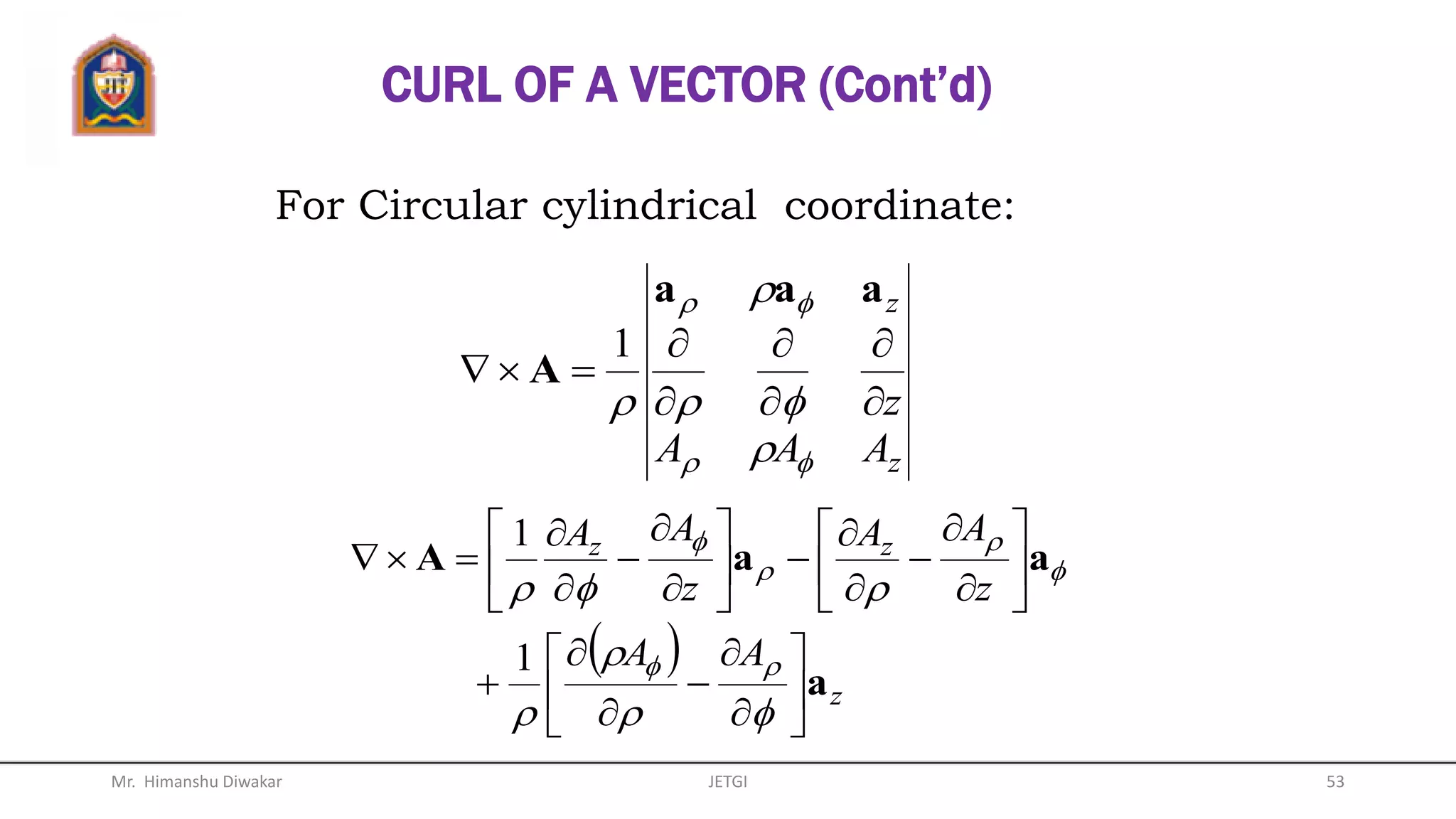 maxlim
0
a
A
AA n
s
s s
dl
Curl















Where,
CURL OF A VECTOR (Cont’d)
dldl
dacdbcabs








  AA
Mr. Himanshu Diwakar 53JETGI
 