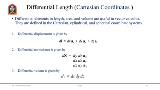 Differential Length (Cartesian Coordinates )
• Differential elements in length, area, and volume are useful in vector calculus.
They are defined in the Cartesian, cylindrical, and spherical coordinate systems.
1. Differential displacement is given by
2. Differential normal area is given by
3. Differential volume is given by
Mr. Himanshu Diwakar JETGI 10
 