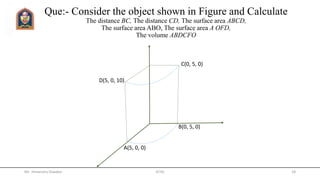 Que:- Consider the object shown in Figure and Calculate
The distance BC, The distance CD, The surface area ABCD,
The surface area ABO, The surface area A OFD,
The volume ABDCFO
Mr. Himanshu Diwakar JETGI 18
C(0, 5, 0)
B(0, 5, 0)
D(5, 0, 10)
A(5, 0, 0)
 