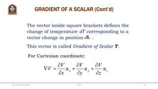 • A vector field A is said to be solenoidal (or divergenceless) if
𝛻•𝐴 = 0.
• A vector field A is said to be irrotational (or potential) if
𝛻 × 𝐴 = 0.
Mr. Himanshu Diwakar JETGI 27
 