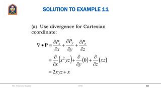 For Cartesian coordinate:
z
A
y
A
x
A zyx








 A
For Circular cylindrical coordinate:
  z
AA
A z














11
A
DIVERGENCE OF A VECTOR (Cont’d)
Mr. Himanshu Diwakar 40JETGI
 