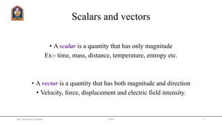 Scalars and vectors
• A scalar is a quantity that has only magnitude
Ex:- time, mass, distance, temperature, entropy etc.
• A vector is a quantity that has both magnitude and direction
• Velocity, force, displacement and electric field intensity.
Mr. Himanshu Diwakar JETGI 5
 