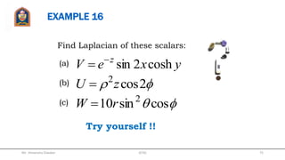 LAPLACIAN OF A SCALAR
The Laplacian of a scalar field, V
written as:
V2

Where, Laplacian V is:






























zyxzyx
z
V
y
V
x
V
zyx
VV
aaaaaa
2
Mr. Himanshu Diwakar 75JETGI
 