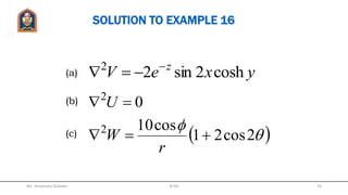 For Cartesian coordinate:
2
2
2
2
2
2
2
z
V
y
V
x
V
V









For Circular cylindrical coordinate:
2
22
2
2 11
z
VVV
V



















LAPLACIAN OF A SCALAR (Cont’d)
Mr. Himanshu Diwakar 76JETGI
 