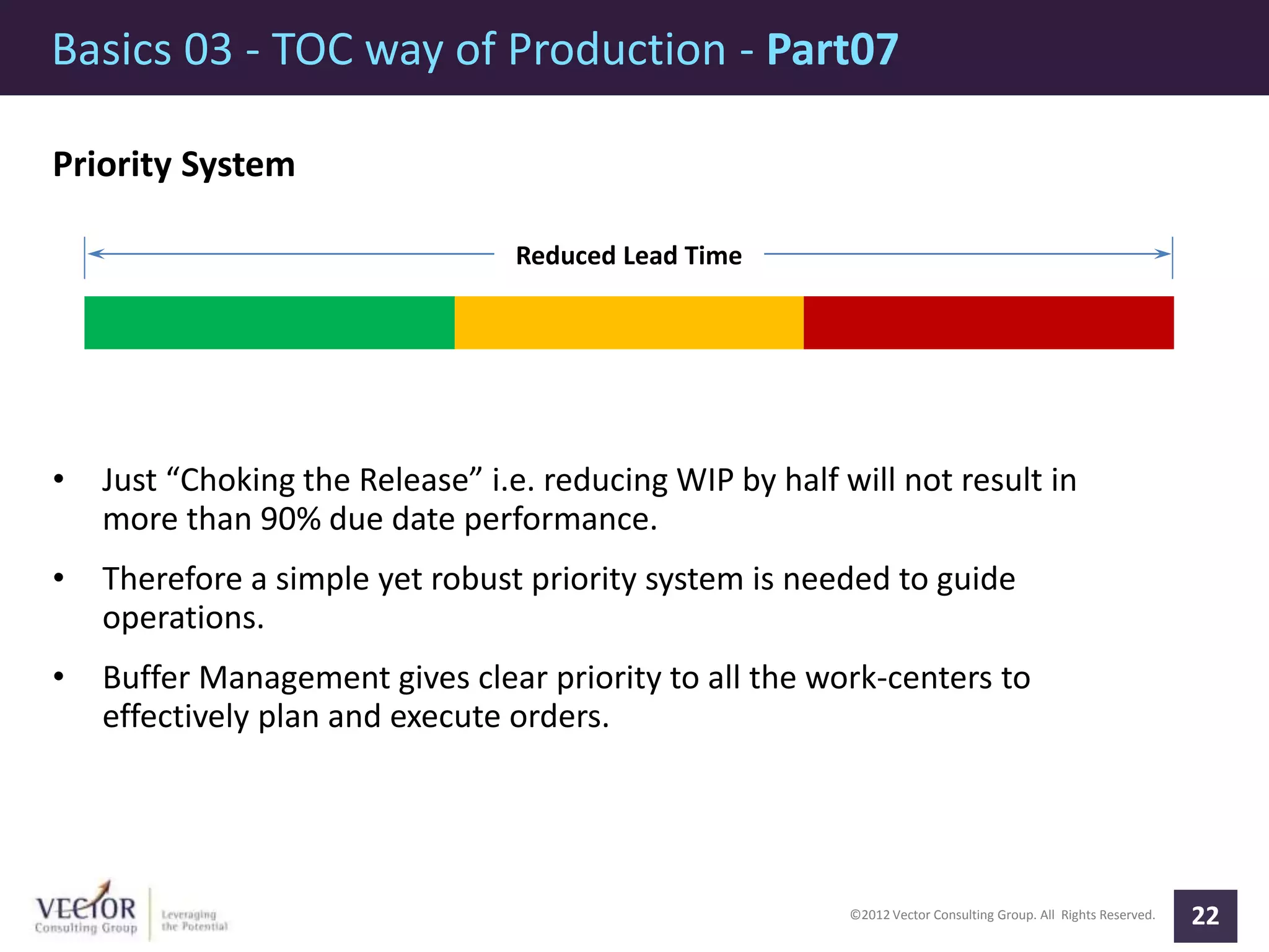 ©2012 Vector Consulting Group. All Rights Reserved.
Basics 03 - TOC way of Production - Part07
22
Priority System
• Just “Choking the Release” i.e. reducing WIP by half will not result in
more than 90% due date performance.
• Therefore a simple yet robust priority system is needed to guide
operations.
• Buffer Management gives clear priority to all the work-centers to
effectively plan and execute orders.
Reduced Lead Time
 