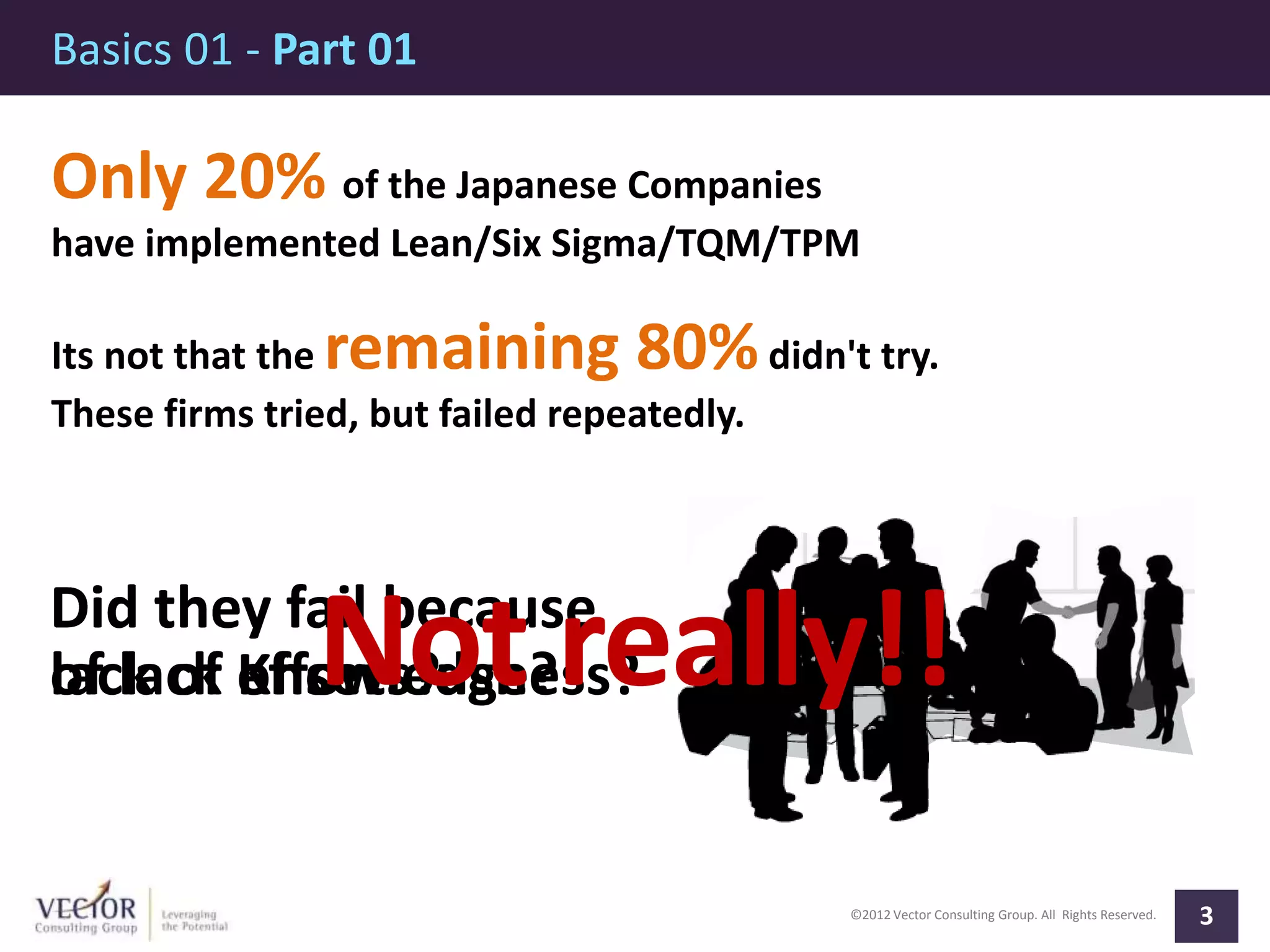 ©2012 Vector Consulting Group. All Rights Reserved.
Basics 01 - Part 01
3
Only 20% of the Japanese Companies
have implemented Lean/Six Sigma/TQM/TPM
Its not that the remaining 80%didn't try.
These firms tried, but failed repeatedly.
Did they fail because
of lack of seriousness?
Did they fail because
lack of efforts?
Did they fail because
lack of Knowledge?Not really!!
 