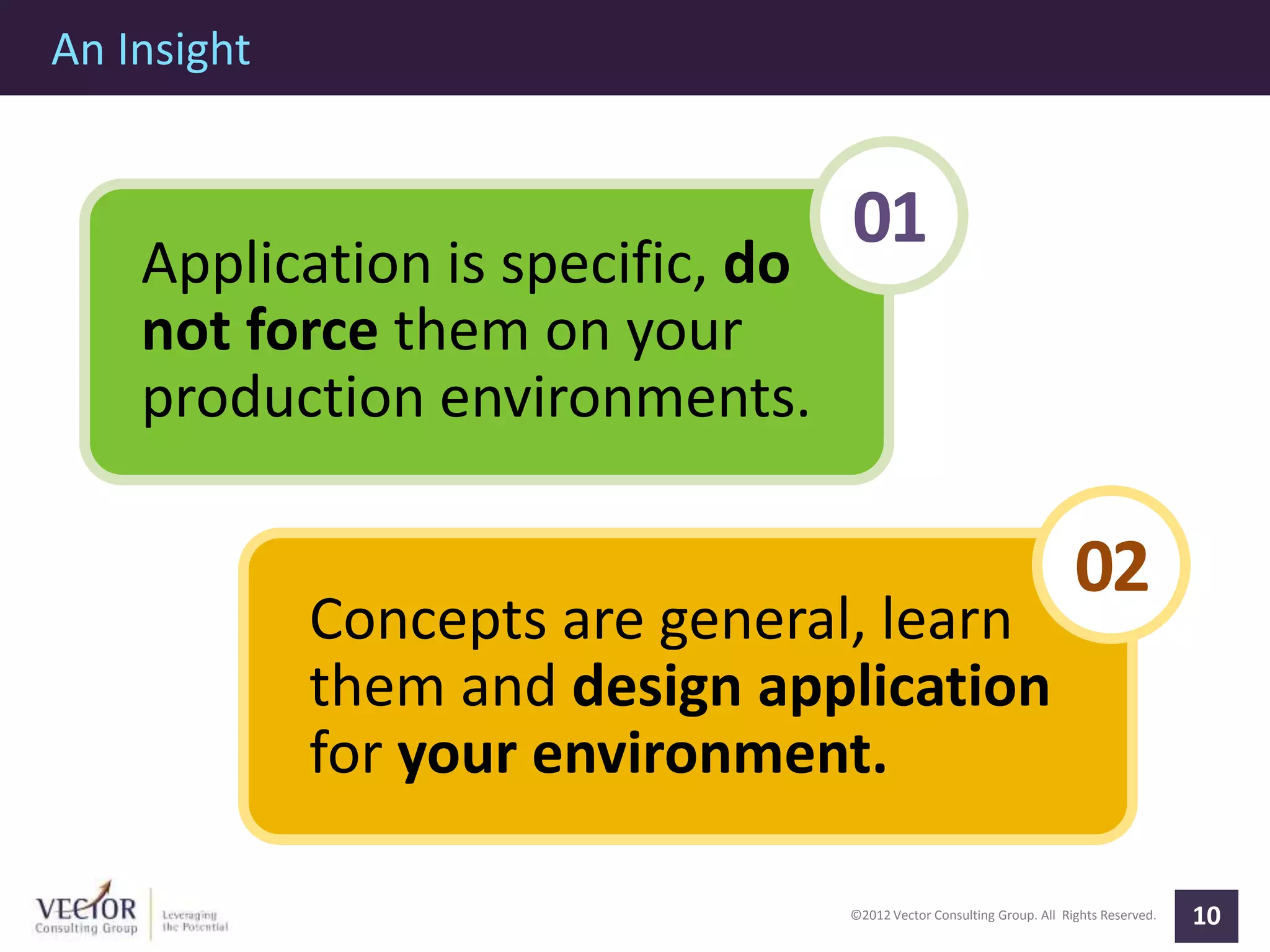 ©2012 Vector Consulting Group. All Rights Reserved.
An Insight
10
Application is specific, do
not force them on your
production environments.
01
Concepts are general, learn
them and design application
for your environment.
02
 
