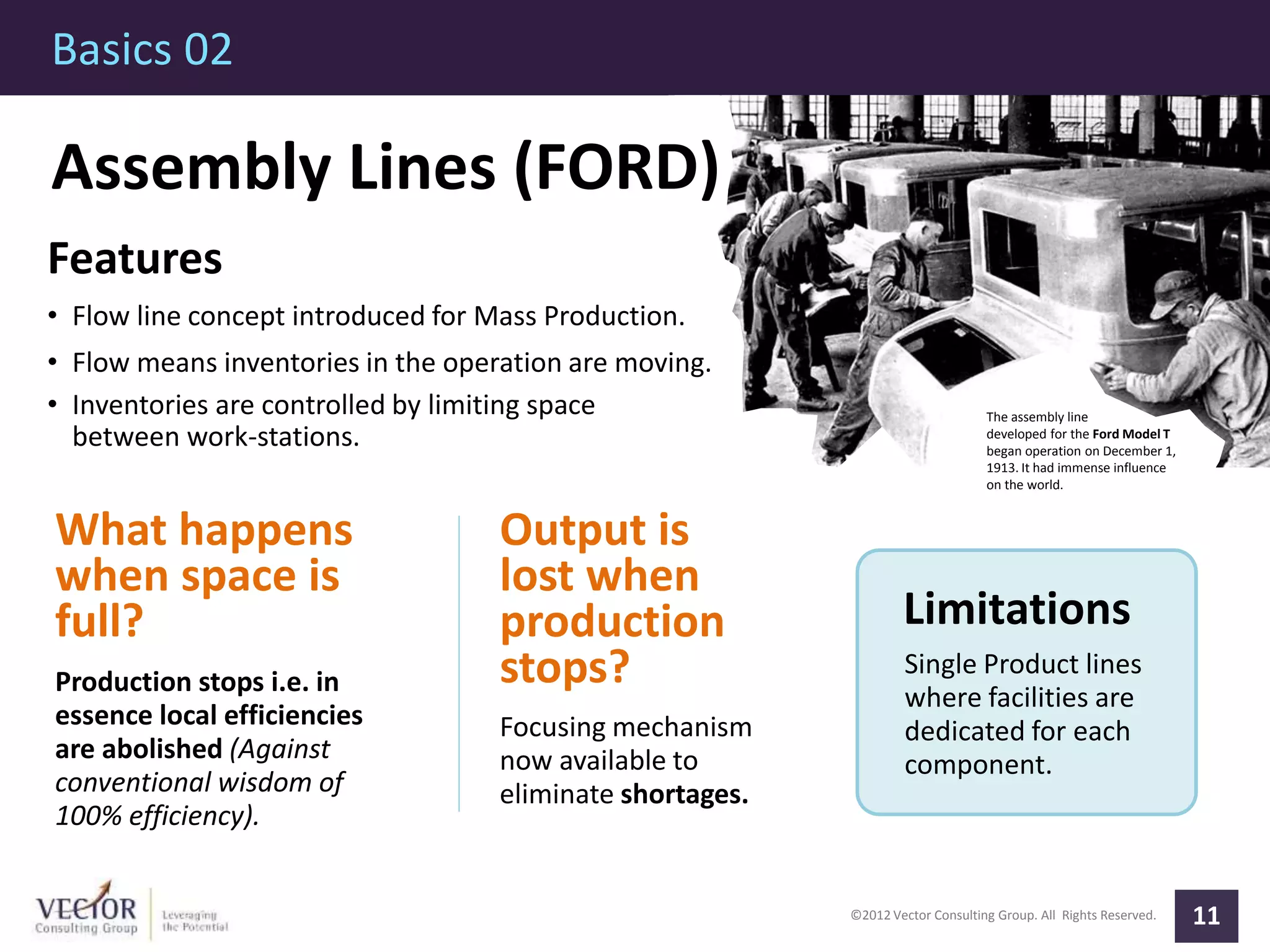 ©2012 Vector Consulting Group. All Rights Reserved.
Basics 02
11
The assembly line
developed for the Ford Model T
began operation on December 1,
1913. It had immense influence
on the world.
Assembly Lines (FORD)
Features
• Flow line concept introduced for Mass Production.
• Flow means inventories in the operation are moving.
• Inventories are controlled by limiting space
between work-stations.
What happens
when space is
full?
Production stops i.e. in
essence local efficiencies
are abolished (Against
conventional wisdom of
100% efficiency).
Limitations
Single Product lines
where facilities are
dedicated for each
component.
Output is
lost when
production
stops?
Focusing mechanism
now available to
eliminate shortages.
 