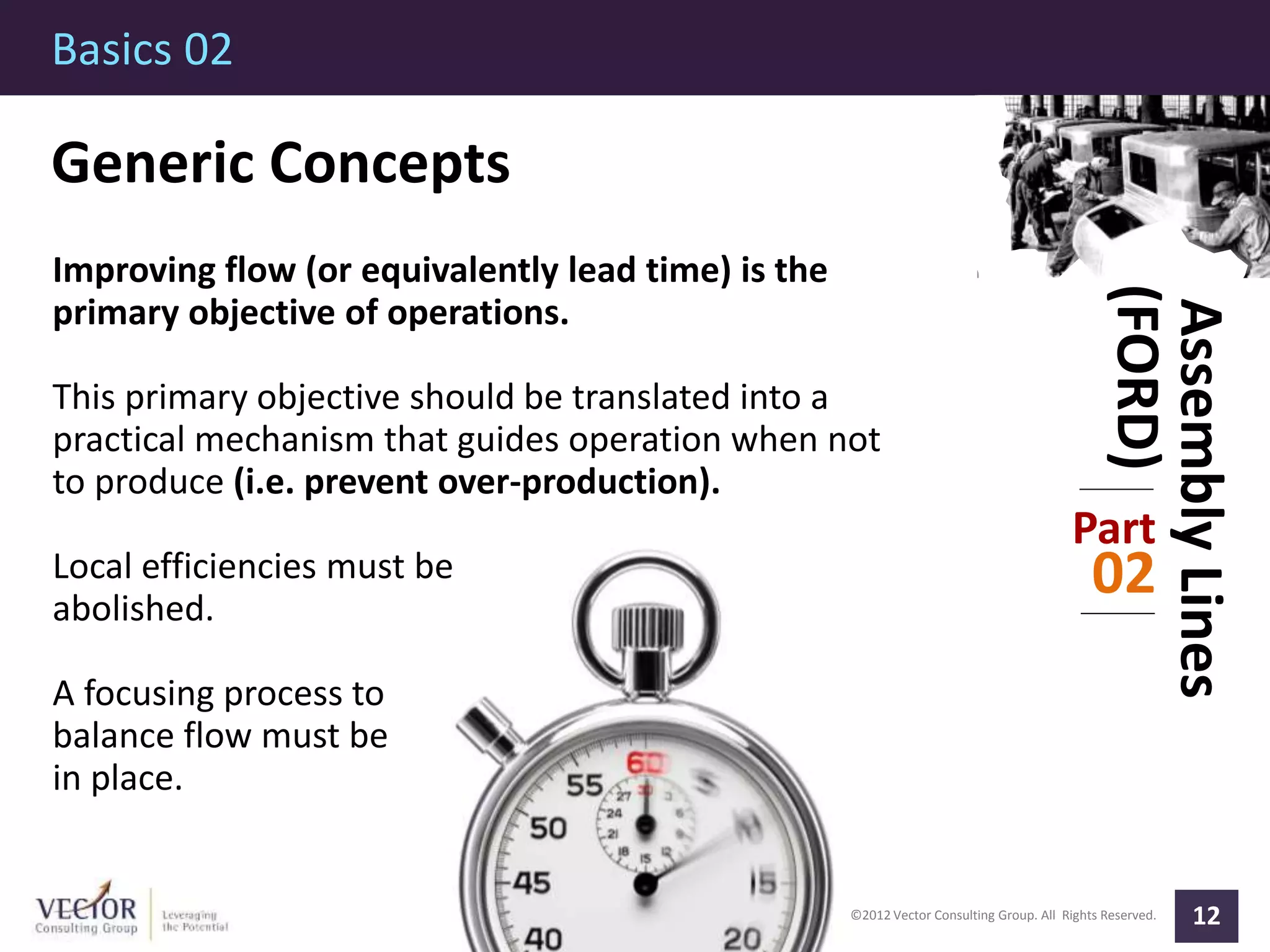 ©2012 Vector Consulting Group. All Rights Reserved.
Basics 02
12
AssemblyLines
(FORD)
Part
02
Generic Concepts
Improving flow (or equivalently lead time) is the
primary objective of operations.
This primary objective should be translated into a
practical mechanism that guides operation when not
to produce (i.e. prevent over-production).
Local efficiencies must be
abolished.
A focusing process to
balance flow must be
in place.
 