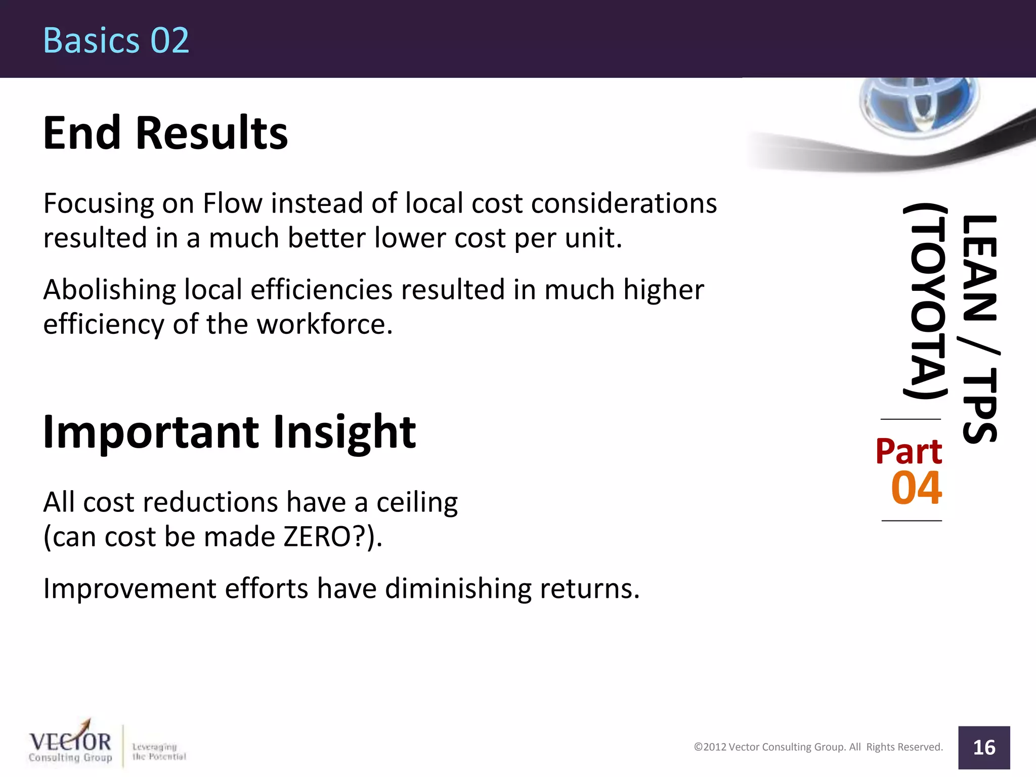©2012 Vector Consulting Group. All Rights Reserved.
Basics 02
16
Part
04
LEAN/TPS
(TOYOTA)
End Results
Focusing on Flow instead of local cost considerations
resulted in a much better lower cost per unit.
Abolishing local efficiencies resulted in much higher
efficiency of the workforce.
Important Insight
All cost reductions have a ceiling
(can cost be made ZERO?).
Improvement efforts have diminishing returns.
 