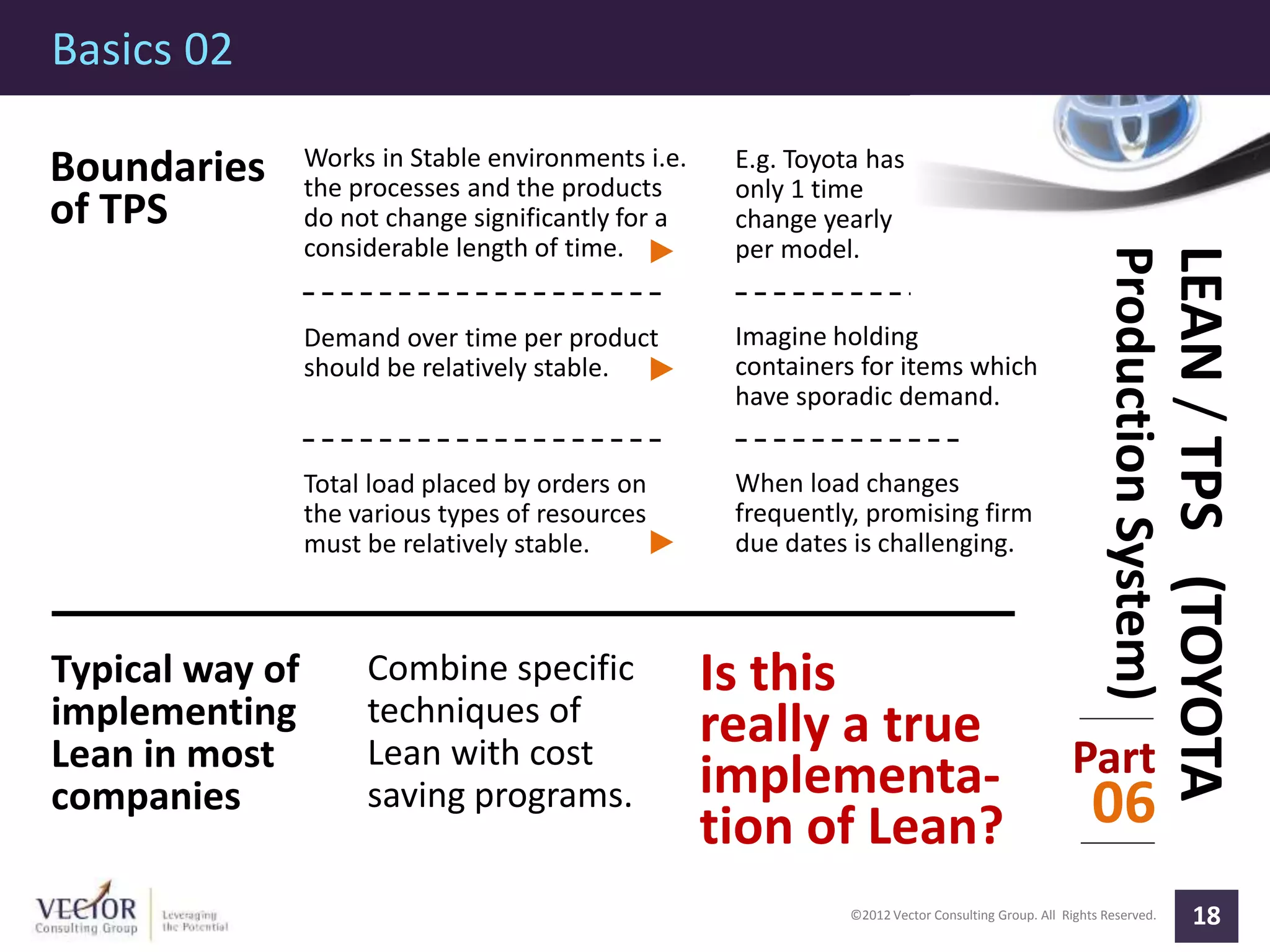 ©2012 Vector Consulting Group. All Rights Reserved.
Basics 02
18
Part
06
LEAN/TPS(TOYOTA
ProductionSystem)
Boundaries
of TPS
Works in Stable environments i.e.
the processes and the products
do not change significantly for a
considerable length of time.
Demand over time per product
should be relatively stable.
E.g. Toyota has
only 1 time
change yearly
per model.
Combine specific
techniques of
Lean with cost
saving programs.
Total load placed by orders on
the various types of resources
must be relatively stable.
Imagine holding
containers for items which
have sporadic demand.
When load changes
frequently, promising firm
due dates is challenging.
Typical way of
implementing
Lean in most
companies
Is this
really a true
implementa-
tion of Lean?
 