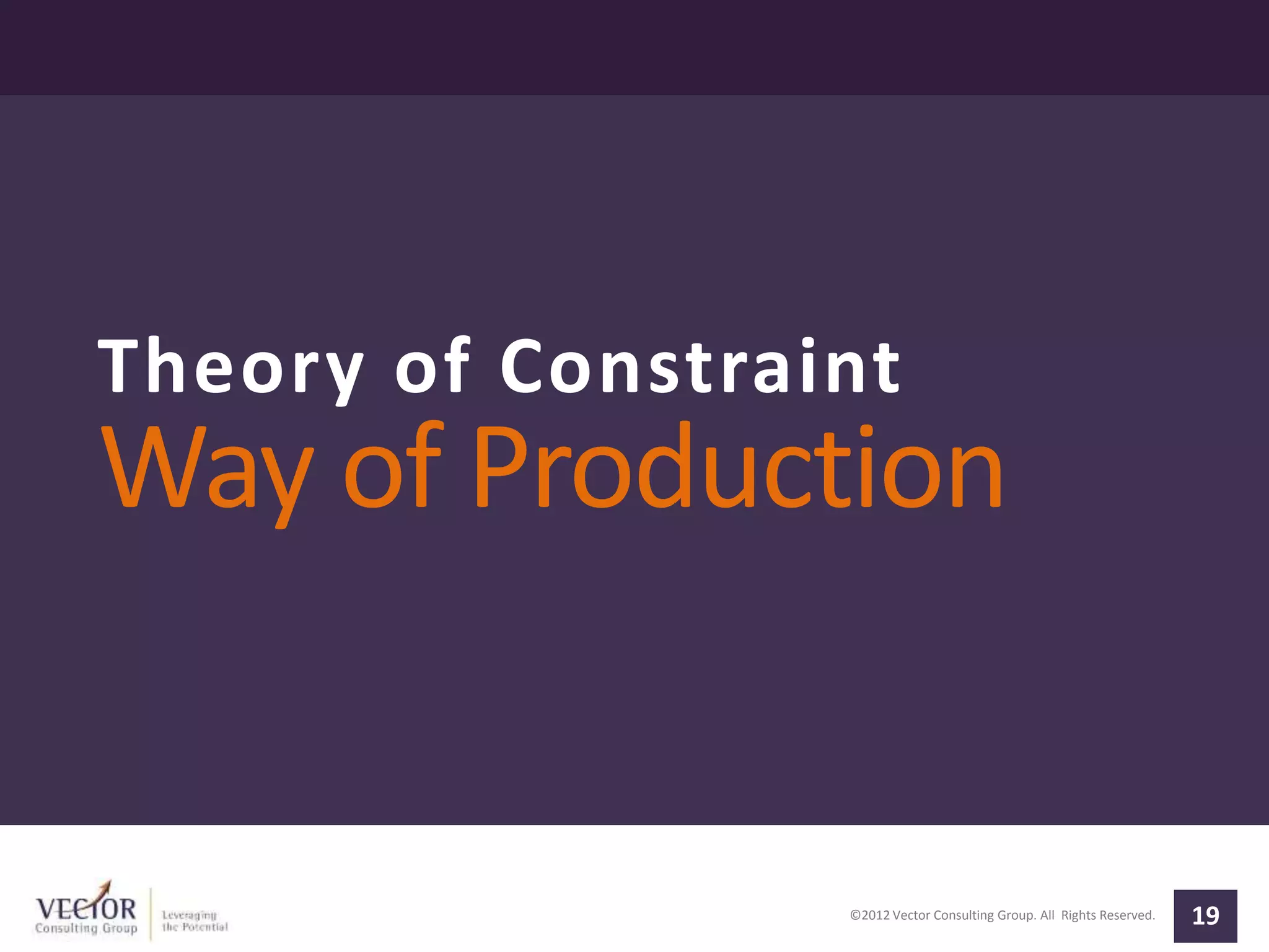 ©2012 Vector Consulting Group. All Rights Reserved. 19
Theory of Constraint
Way of Production
 