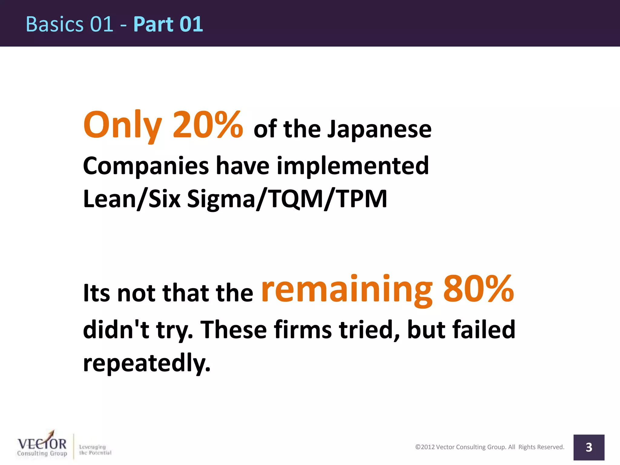 ©2012 Vector Consulting Group. All Rights Reserved.
Basics 01 - Part 01
3
Only 20% of the Japanese
Companies have implemented
Lean/Six Sigma/TQM/TPM
Its not that the remaining 80%
didn't try. These firms tried, but failed
repeatedly.
 