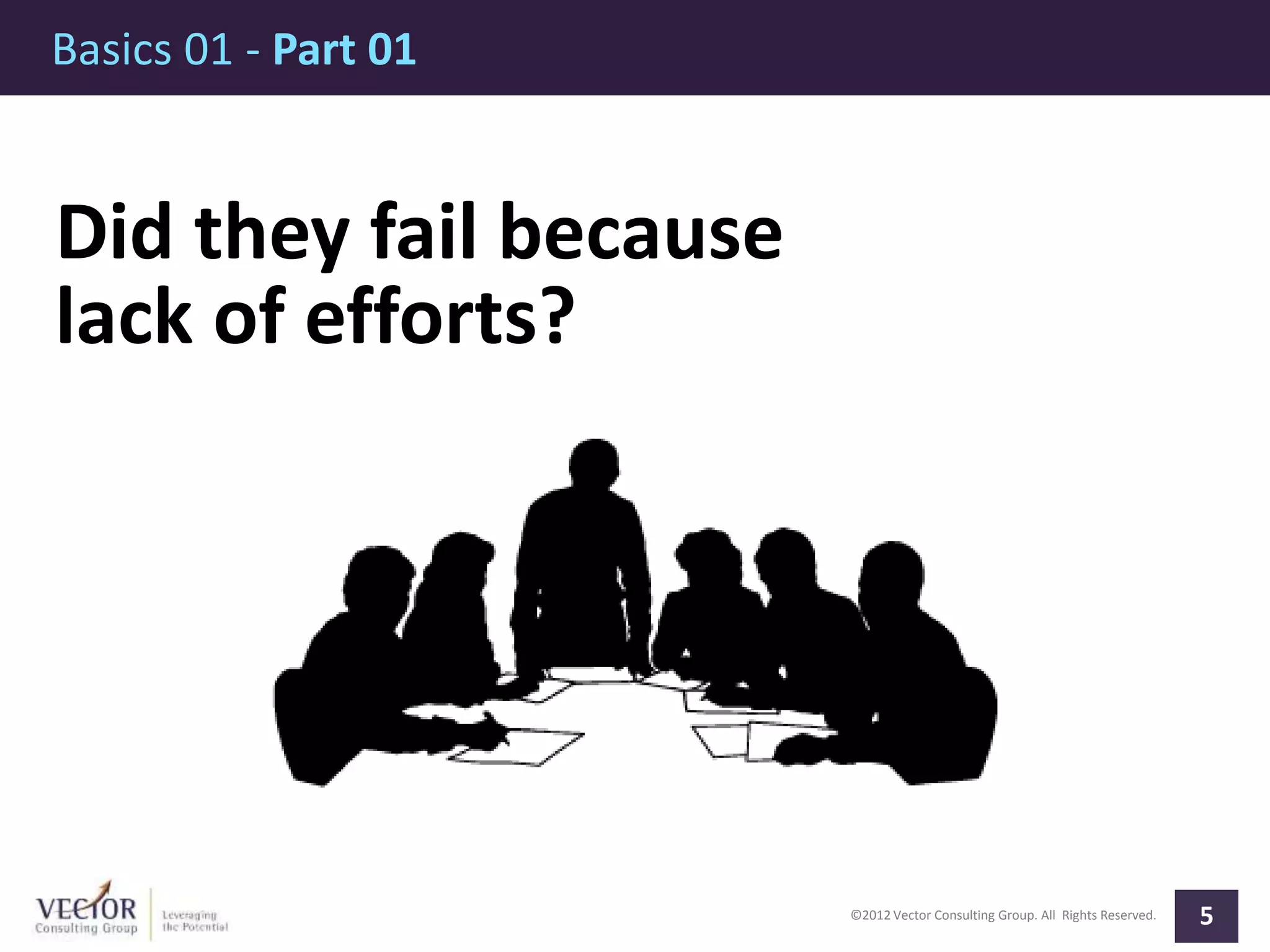 ©2012 Vector Consulting Group. All Rights Reserved.
Basics 01 - Part 01
5
Did they fail because
lack of efforts?
 