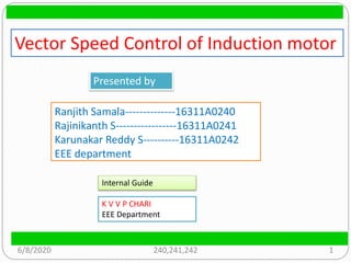 6/8/2020 1240,241,242
Vector Speed Control of Induction motor
Presented by
Ranjith Samala--------------16311A0240
Rajinikanth S-----------------16311A0241
Karunakar Reddy S----------16311A0242
EEE department
Internal Guide
K V V P CHARI
EEE Department
 