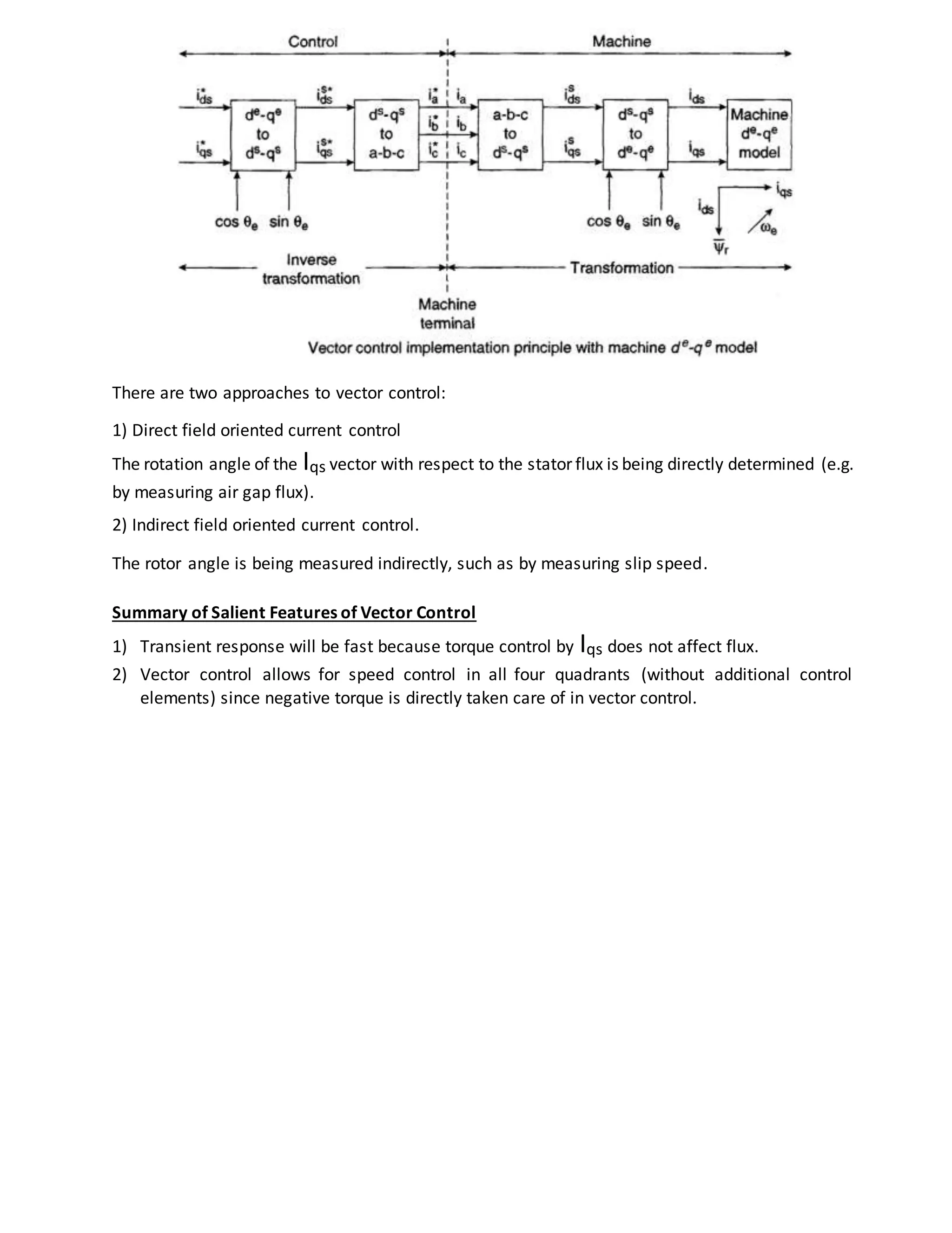 There are two approaches to vector control:
1) Direct field oriented current control
The rotation angle of the Iqs vector with respect to the stator flux is being directly determined (e.g.
by measuring air gap flux).
2) Indirect field oriented current control.
The rotor angle is being measured indirectly, such as by measuring slip speed.
Summary of Salient Features of Vector Control
1) Transient response will be fast because torque control by Iqs does not affect flux.
2) Vector control allows for speed control in all four quadrants (without additional control
elements) since negative torque is directly taken care of in vector control.
 
