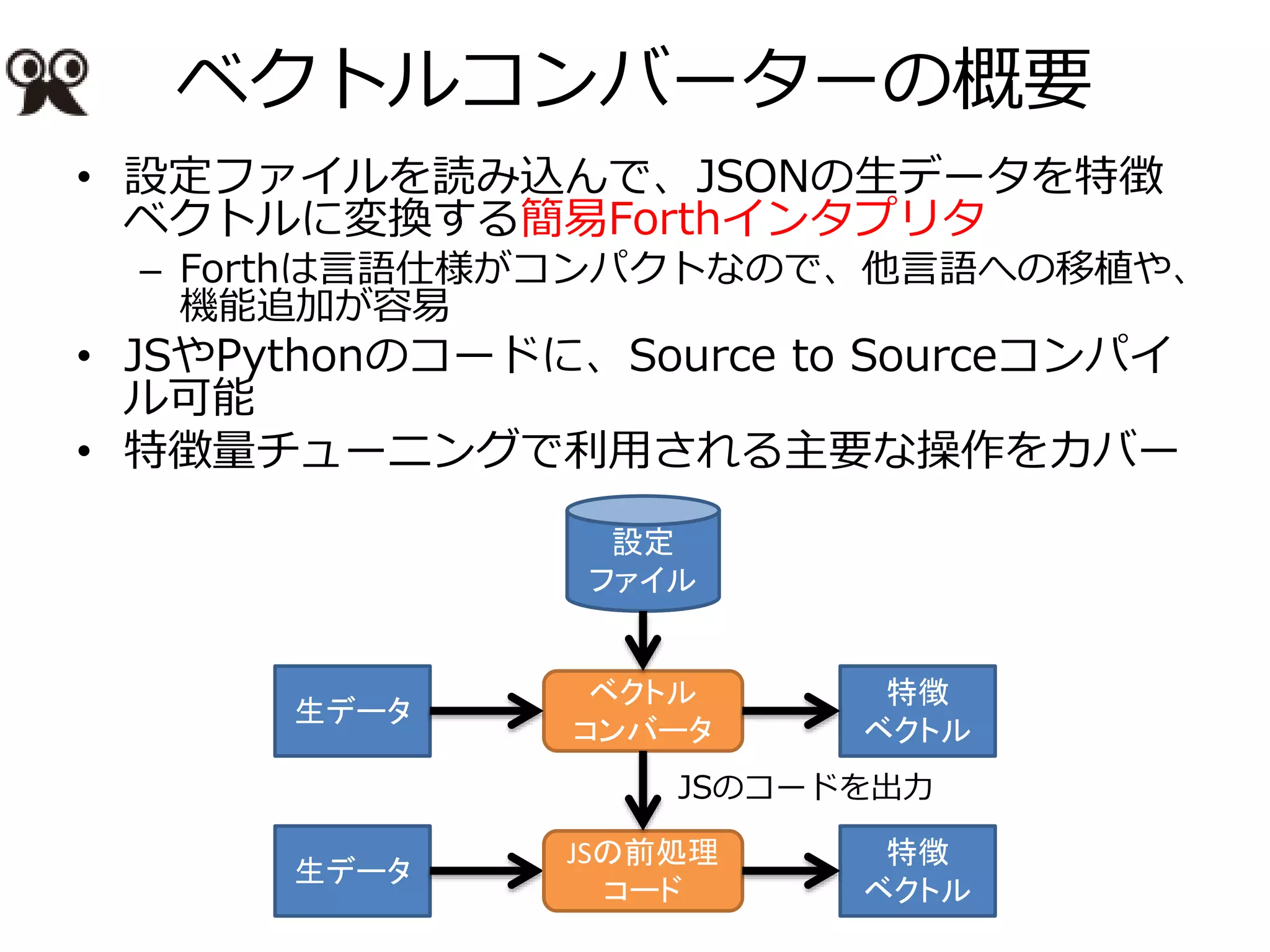 ベクトルコンバーターの概要
• 設定ファイルを読み込んで、JSONの生データを特徴
ベクトルに変換する簡易Forthインタプリタ
– Forthは言語仕様がコンパクトなので、他言語への移植や、
機能追加が容易
• JSやPythonのコードに、Source to Sourceコンパイ
ル可能
• 特徴量チューニングで利用される主要な操作をカバー
生データ
特徴
ベクトル
ベクトル
コンバータ
設定
ファイル
JSの前処理
コード
特徴
ベクトル
JSのコードを出力
生データ
 