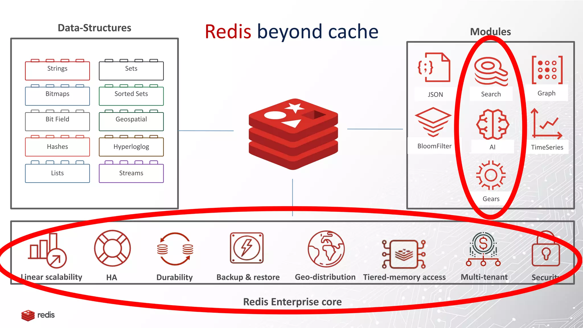 Hashes
Bitmaps
Strings
Bit Field
Streams
Hyperloglog
Sorted Sets
Sets
Geospatial
Search Graph
TimeSeries
AI
JSON
Data-Structures Modules
BloomFilter
Redis beyond cache
Lists
Redis Enterprise core
Linear scalability HA Geo-distribution
Durability Backup & restore Tiered-memory access Security
Multi-tenant
Gears
 