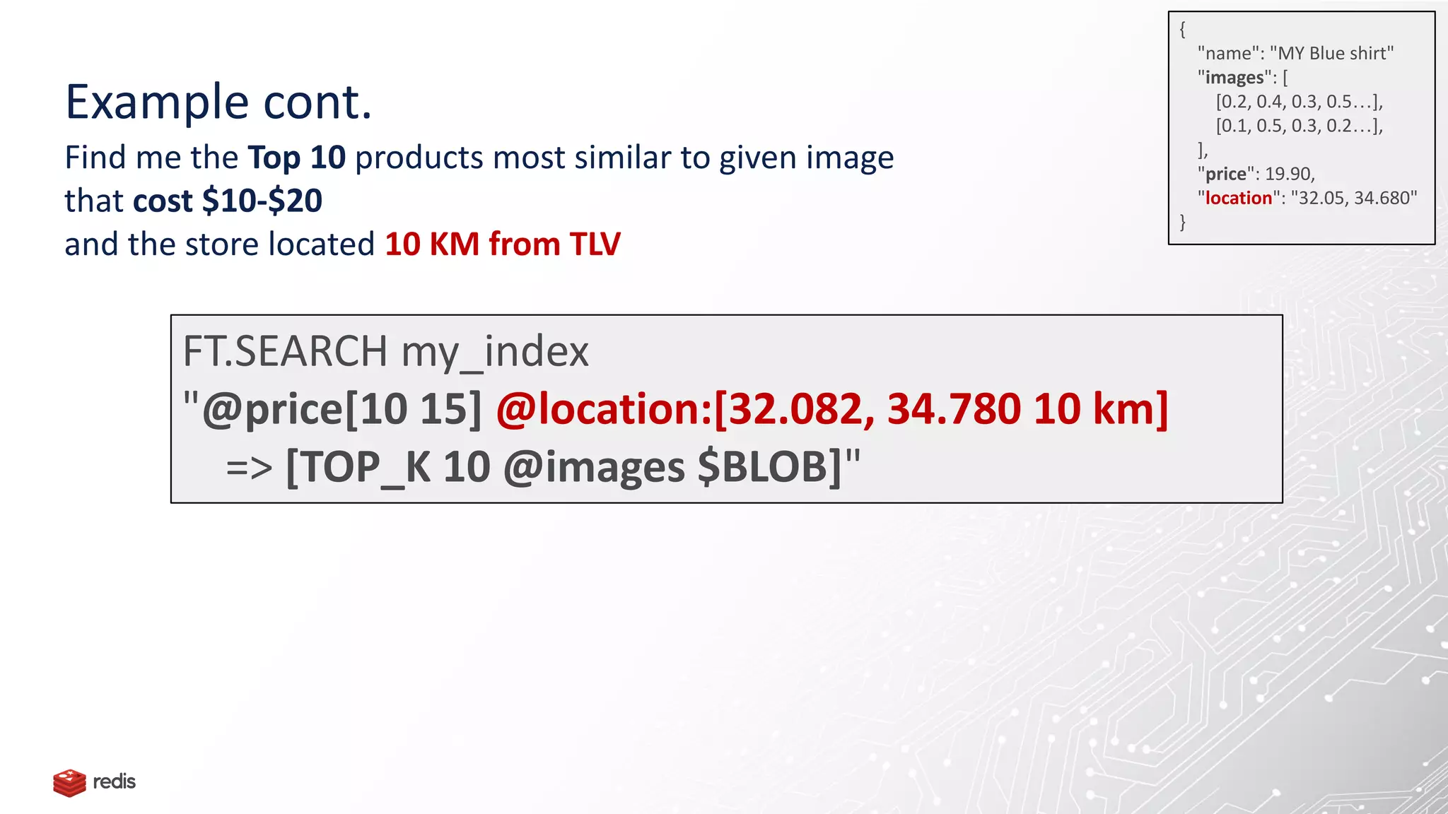 Example cont.
Find me the Top 10 products most similar to given image
that cost $10-$20
and the store located 10 KM from TLV
FT.SEARCH my_index
"@price[10 15] @location:[32.082, 34.780 10 km]
=> [TOP_K 10 @images $BLOB]"
{
"name": "MY Blue shirt"
"images": [
[0.2, 0.4, 0.3, 0.5…],
[0.1, 0.5, 0.3, 0.2…],
],
"price": 19.90,
"location": "32.05, 34.680"
}
 