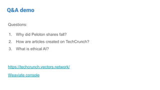 Q&A demo
Questions:
1. Why did Peloton shares fall?
2. How are articles created on TechCrunch?
3. What is ethical AI?
https://techcrunch.vectors.network/
Weaviate console
 