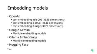 Embedding models
• OpenAI
• text-embedding-ada-002 (1536 dimensions)
• text-embedding-3-small (1536 dimensions)
• text-embedding-3-large (3072 dimensions)
• Google Gemini
• Multiple embedding models
• Ollama Embeddings
• Multiple embedding models
• Hugging Face
• …
 
