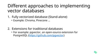 Different approaches to implementing
vector databases
1. Fully vectorized database (Stand-alone)
• Example: Chroma, Pinecone …
2. Extensions for traditional databases
• For example: pgvector, an open-source extension for
PostgreSQL (https://github.com/pgvector)
 
