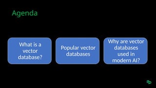 Agenda
What is a
vector
database?
Popular vector
databases
Why are vector
databases
used in
modern AI?
 