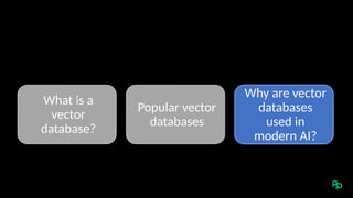 What is a
vector
database?
Popular vector
databases
Why are vector
databases
used in
modern AI?
 