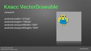 Vector Drawable API 
возможности применения
Класс VectorDrawable
viewport
android:width="272dp"
android:height="290dp"
android:viewportWidth="600"
android:viewportHeight="600"
 
