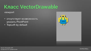 Vector Drawable API 
возможности применения
Класс VectorDrawable
viewport
• отсутствует возможность  
указать PivotPoint
• TopLeft by default
 