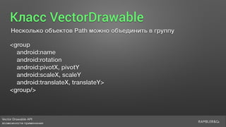 Vector Drawable API 
возможности применения
Класс VectorDrawable
Несколько объектов Path можно объединить в группу
<group
android:name
android:rotation
android:pivotX, pivotY
android:scaleX, scaleY
android:translateX, translateY>
<group/>
 