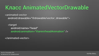 Vector Drawable API 
возможности применения
Класс AnimatedVectorDrawable
<animated-vector
android:drawable="@drawable/vector_drawable">
<target
android:name="head"
android:animation="@anim/headAnimation" />
</animated-vector>
 